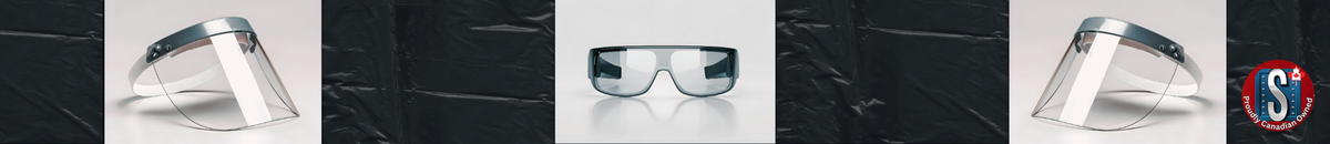 Protective eyewear and face shields displayed on a clean surface, representing Skookum Tools' eye protection category including safety glasses, goggles, and face shields for industrial and workplace safety.